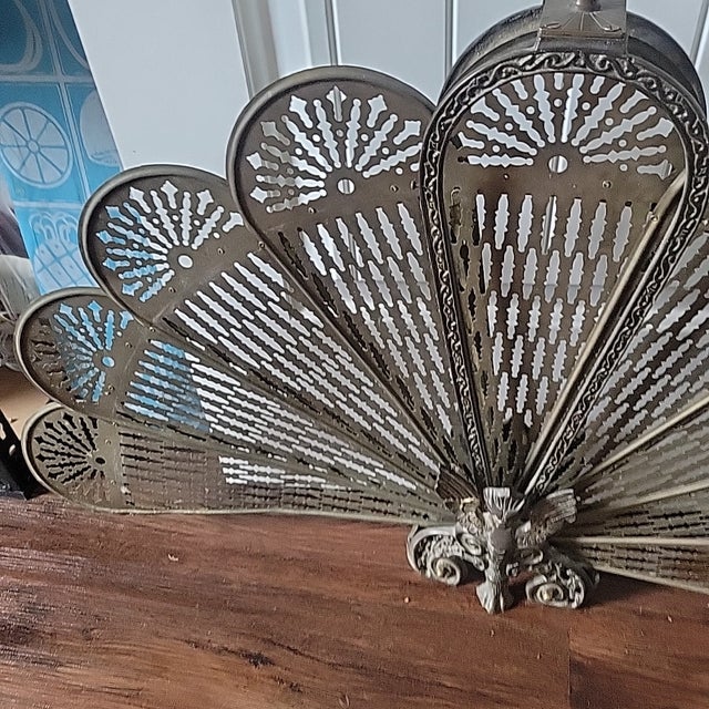 Antique Fabulous Art Deco Double Griffin Brass Peacock Fan Fireplace Screen 1920 For Sale - Image 12 of 13
