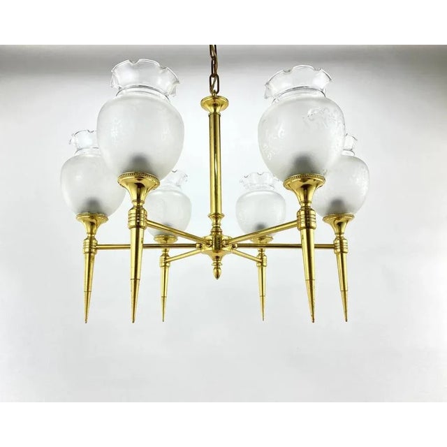 Vintage Brass and Frosted Glass Chandelier, France, 1970s For Sale - Image 3 of 8