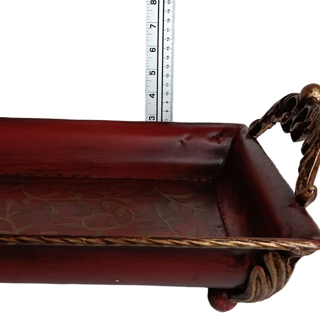 Large Metal Serving Tray Cranberry Red and Gold Leaf Vine Design Ornate Handles For Sale - Image 18 of 18