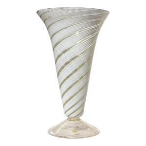 Murano Vintage Large White Copper Aventurine Ribbons Italian Art Glass Footed Flower Vase