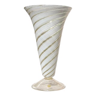 Vintage Murano Large White Copper Aventurine Ribbons Italian Art Glass Footed Flower Vase For Sale