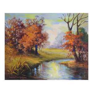 Vintage Autumn Riverside Impressionist Landscape Painting