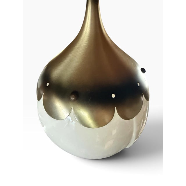 Vintage Mid Century Modern Tulip Milk Glass & Brass Hanging Pendant Lights, Pair For Sale - Image 9 of 10
