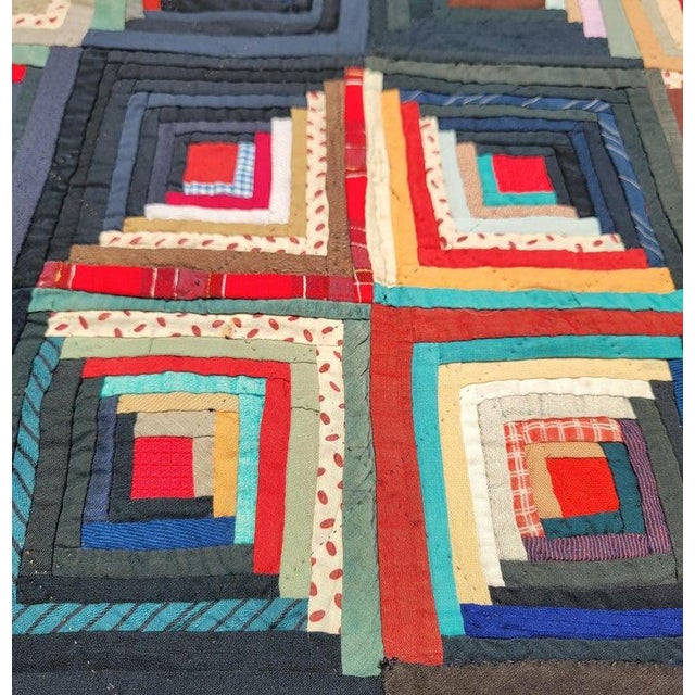 19th Century 19thc Wool Log Cabin Quilt With Embroidered Borders, Lancaster County Pa For Sale - Image 5 of 12