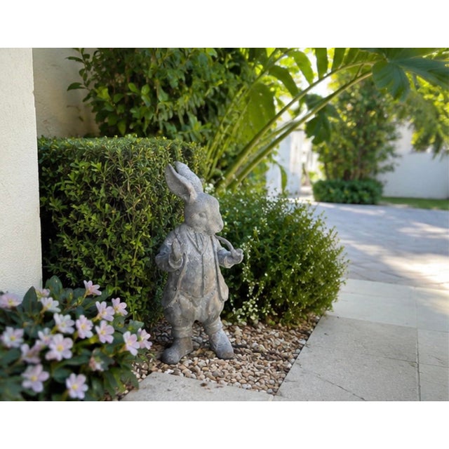 Vintage Whimsical Cast Iron Dapper Rabbit Garden Statue Holding a Pipe For Sale - Image 11 of 12