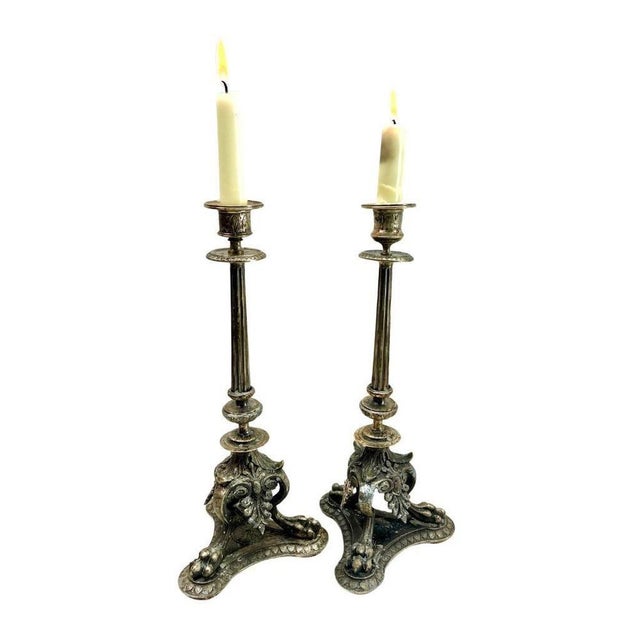 Antique Pair of Solid Cast Brass Candlesticks Originel Patina The solid brass is sharply cast and well defined, and are an...