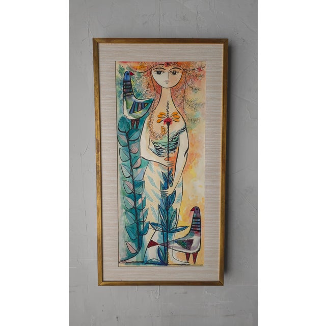 1960s Pair of Whimsical European Mid Century Watercolor Paintings For Sale - Image 5 of 14