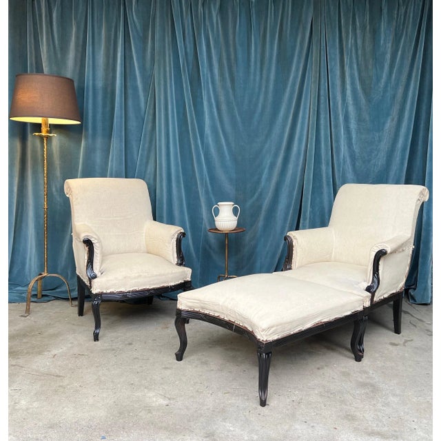 French Armchairs in Muslin With Matching Ottoman - 3 Pieces For Sale - Image 4 of 12