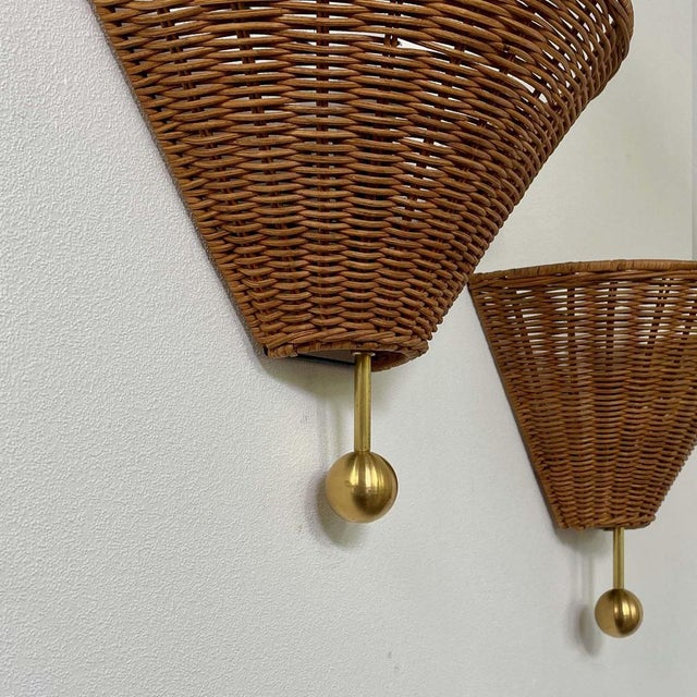 1950s Mid-Century Rattan and Brass Wall Lights, Austria, 1960s, Set of 2 For Sale - Image 5 of 17