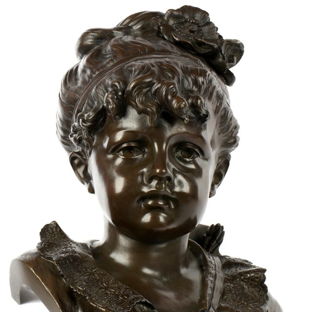 Traditional Patinated Bronze Bust of Young Girl by Alfred Rolle For Sale - Image 3 of 8