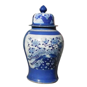 Chinese Handmade Blue & White Porcelain Flower Bird Large Temple Jar