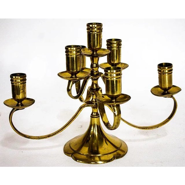 Religious Antique Solid Brass Swing 7 Arm Menorah Candelabra Candle Holder For Sale - Image 3 of 5