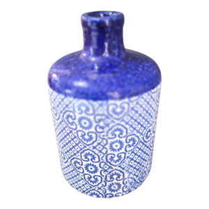 Vintage Spanish Blue & White Glazed Heavy Earthenware Pottery Vase 10.75'' High