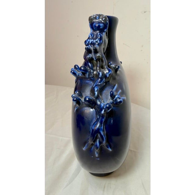 Blue Vintage Handmade Chinese Cobalt Blue Moon Dragon Porcelain Pottery Figural Vase For Sale - Image 8 of 10