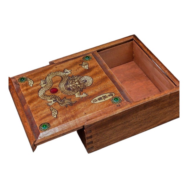 Vintage Chinese Huali Wood Jewelry Box With Gemstone & Mother of Pearl Dragon Inlay For Sale