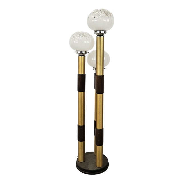 Mid-Century Murano Glass 3-Light Floor Lamp in Wood and Metal, 1970s For Sale