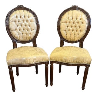 French Style Tan Upholstered Dining Chair With Gold Details - Set of 2 For Sale