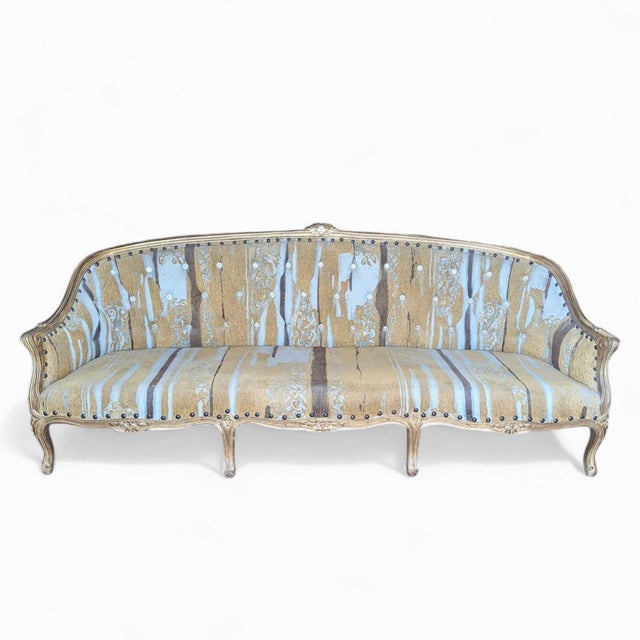 Early 20th Century French-Style Carved Wood Sofa With Striped Upholstery For Sale - Image 16 of 18