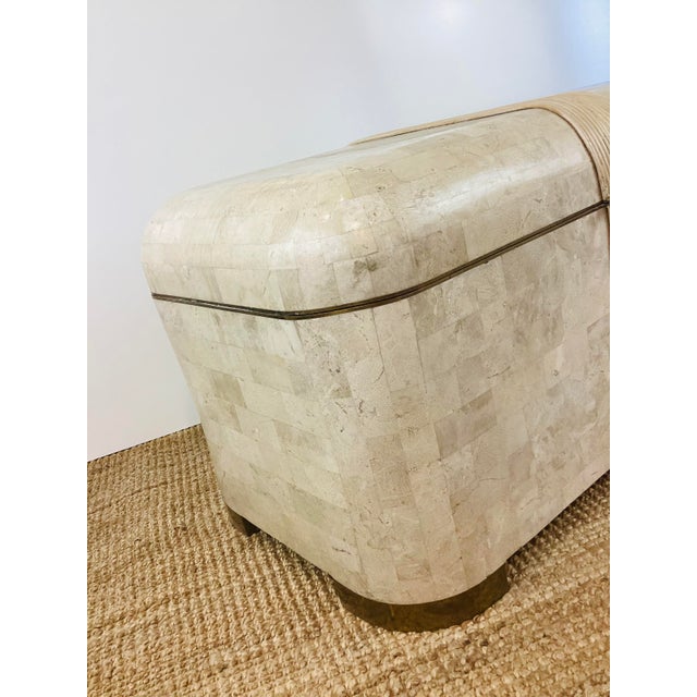 Cream Vintage 1980s Cream Tessellated Stone & Rattan Reed and Brass Lidded Trunk Chest Table by Maitland Smith For Sale - Image 8 of 12