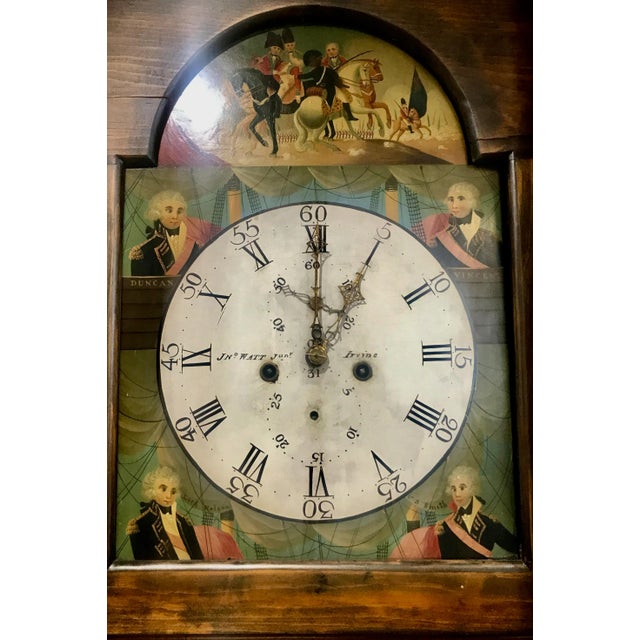 Mahogany and brass inlay tall case clock by John Watt, Clockmaker, Irvine, Scotland circa 1827. Depicts the grand battles...
