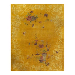 1920s Antique Yellow Field Flowers Border Knotted Chinese Art Deco Carpet Rug For Sale