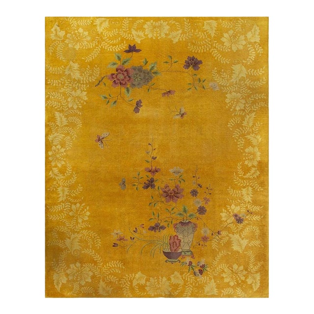 1920s Antique Yellow Field Flowers Border Knotted Chinese Art Deco Carpet Rug For Sale