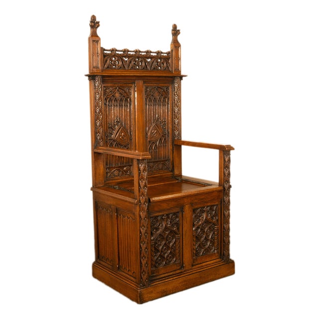 Antique 19thC French Carved Oak Gothic Revival Throne Storage Chair Seat 1880 For Sale