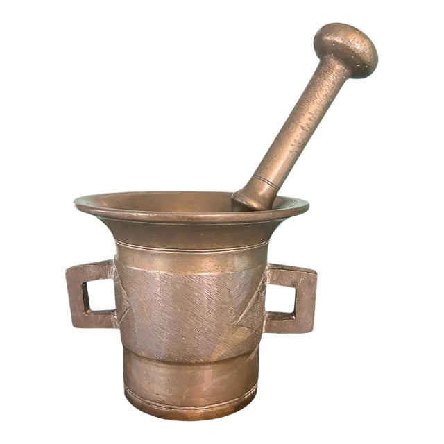 Vintage 19th Century Pharmacy Apothecary Brass Mortar and Pestle Set For Sale