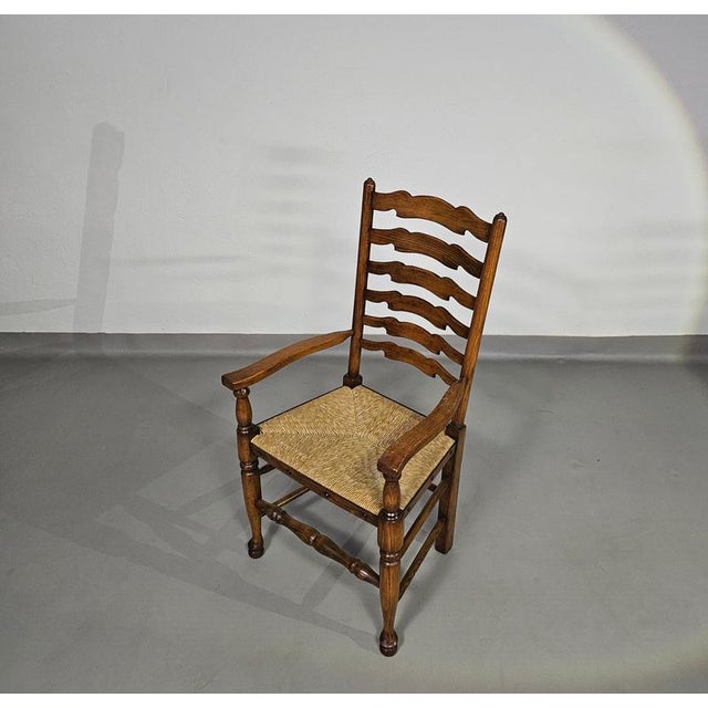 Rustic Oak Farmhouse Ladderback Dining Chairs with Rush Seats, 1960s, Set of 4 For Sale - Image 10 of 18