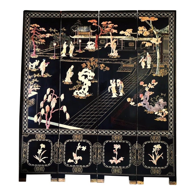 Chinese Export Four Panel Carved Soapstone Coromandel Screen For Sale