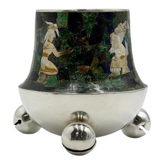 1970s Rare Los Castillo Tripod Vase With Malachite, Lapis, Azurite & Turquoise Inlay For Sale
