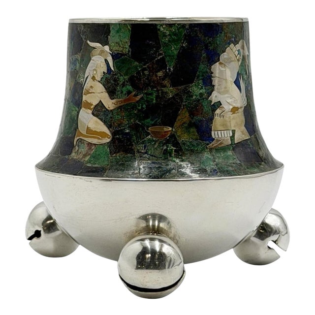 1970s Rare Los Castillo Tripod Vase With Malachite, Lapis, Azurite & Turquoise Inlay For Sale