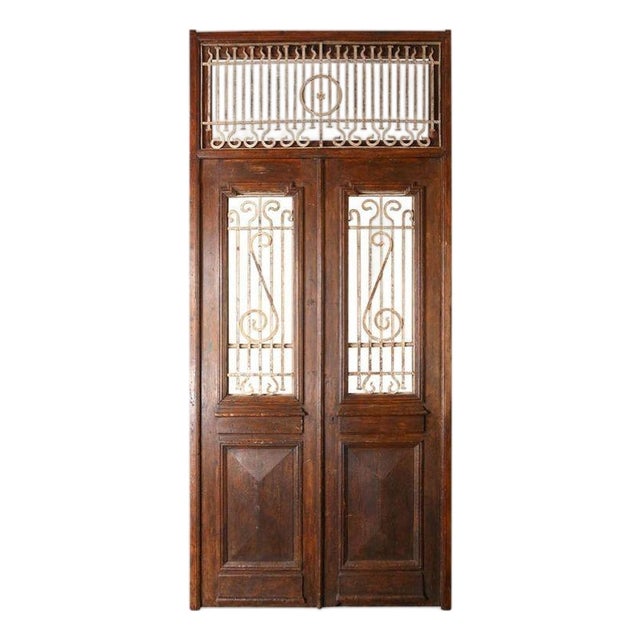 Antique French Painted Double Entry Doors With Transom Wood and Wrought Iron For Sale