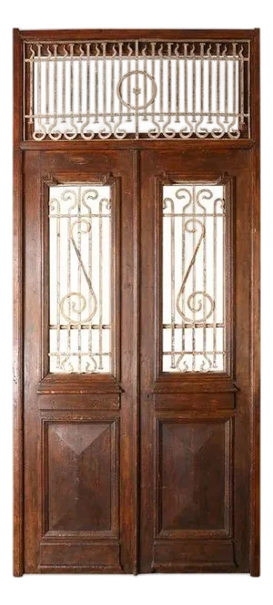 Antique French Painted Double Entry Doors With Transom Wood and Wrought Iron
