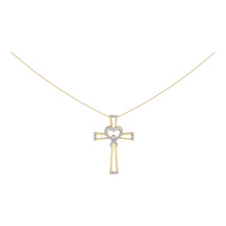 14K Yellow Gold Plated .925 Sterling Silver 1/6 Cttw Diamond Interlocking Heart and Ribbon Cross Pendant Necklace (H-I Color, I2-I3 Clarity) - 18" For Sale