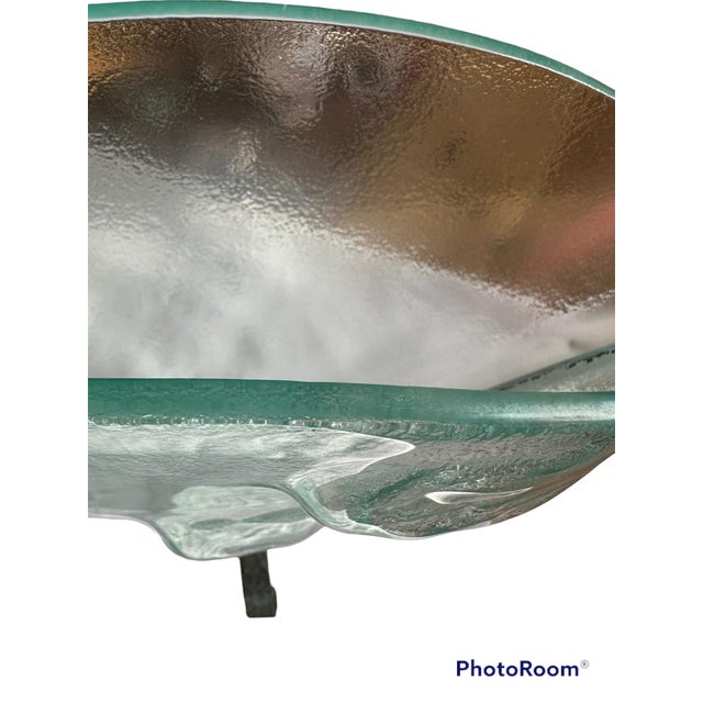 Aqua Studio Art Glass Fan Vase Wrought Iron Stand For Sale - Image 8 of 11