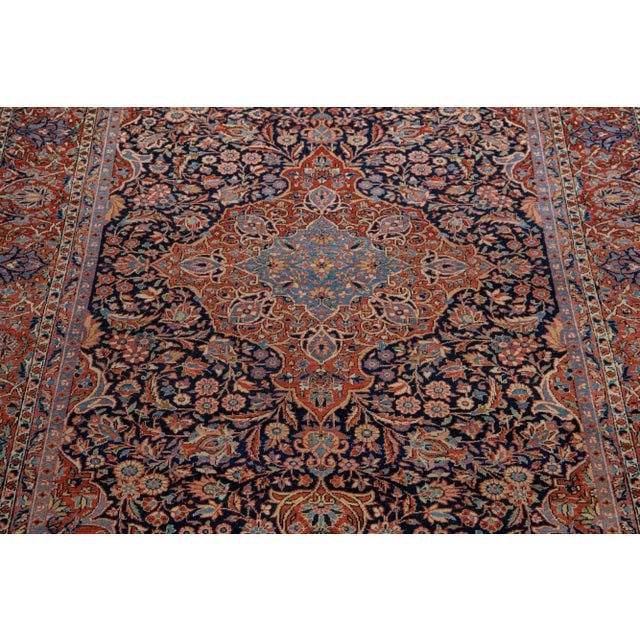 Traditional Antique Persian Kashan Handmade Medallion Blue and Red Scatter Rug For Sale - Image 3 of 7