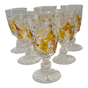 Mid 20th Century Bohemian Crystal Amber Cut to Clear Floral Liquor Cordial Glasses- Set of 6