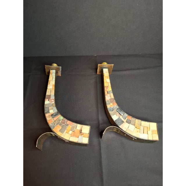 Copper Vintage Mid-Century Eilon Mosaics Hand-Hammered Copper & Holy Land Stone Shofar Candlesticks For Sale - Image 8 of 15