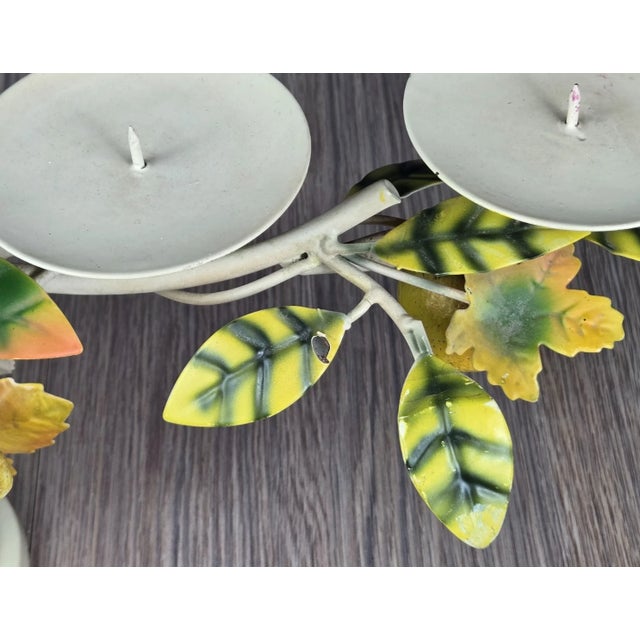 Antique White Late 20th Century Tole Hand Painted Metal & Iron Candle Holder, Pears Apples Grapes For Sale - Image 8 of 11