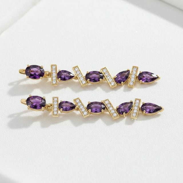 Modern Modern Geometric Amethysts Drop Earrings, Silver, Gold, Pair For Sale - Image 3 of 7