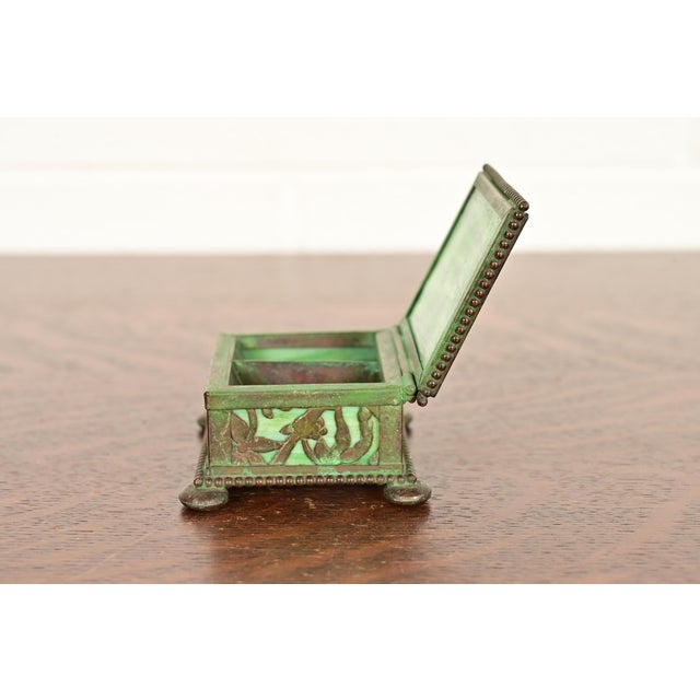 Green Apollo Studios New York Arts & Crafts Grapevine Pattern Bronze and Slag Glass Stamp Box For Sale - Image 8 of 12