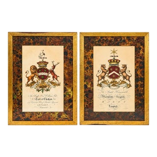 Pair Antique 19th Century Hand Colored Heraldic Engravings English Coat of Arms Art Framed Wall Decor For Sale