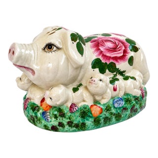 Vintage 1950s Italian Majolica Pig With Seven Piglets Hand-Painted Ceramic Sculpture For Sale