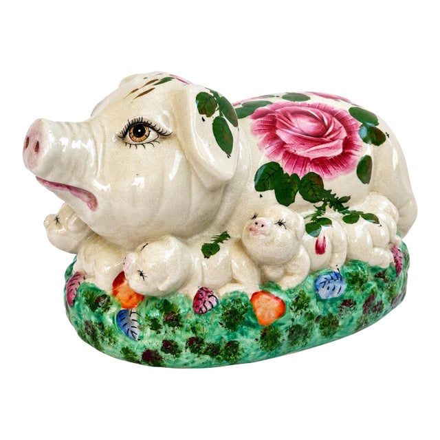 Vintage 1950s Italian Majolica Pig With Seven Piglets Hand-Painted Ceramic Sculpture For Sale