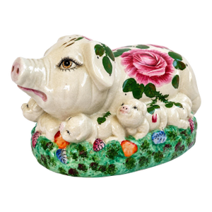 Vintage 1950s Italian Majolica Pig With Seven Piglets Hand-Painted Ceramic Sculpture