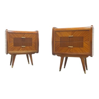 Mid Century Modern Rosewood + Mahogany French Nightstands, Circa 1950s For Sale