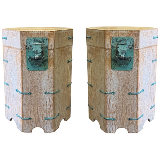 This is a great looking pair of Chinese white washed octagonal side tables with verdigris hardware. They are both lined...