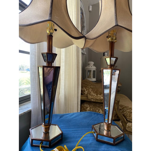 Brass Hollywood Regency Mirrored Pagoda Style, Brass & Glass Accents Table Lamps, - a Pair For Sale - Image 8 of 12