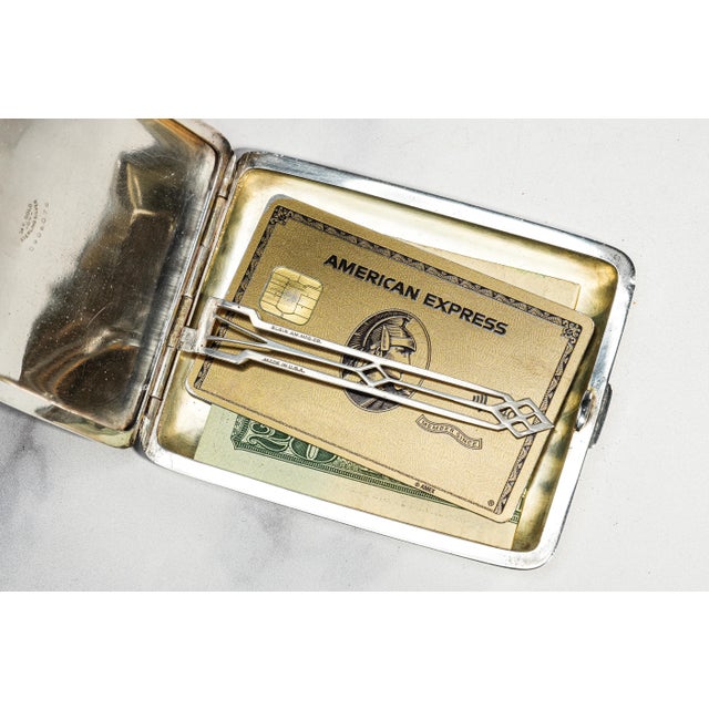 Wonderful Engine Turned Art Deco Antique Sterling Silver 14k Gold Cigarette Card Case For Sale - Image 12 of 16